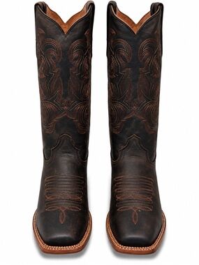 Tanner Mark Dark Brown Leather Western Cowboy Boots Embroidered Square Toe